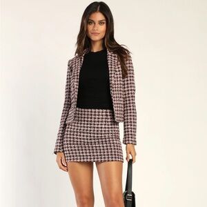 Lulu’s Pink and Black Tweed Cropped Jacket and Skirt Set